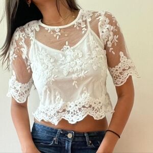 Women's White Floral Lace Cropped Top - Elegant Sheer Detail